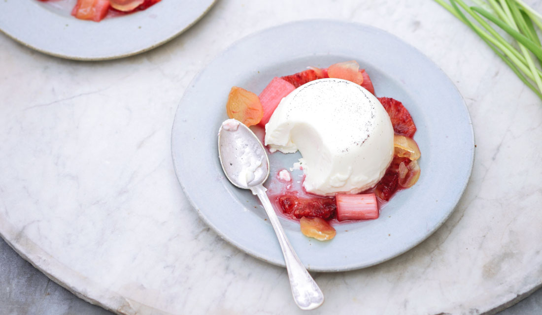 Daylesford’s panna cotta with poached rhubarb, blood orange and ginger